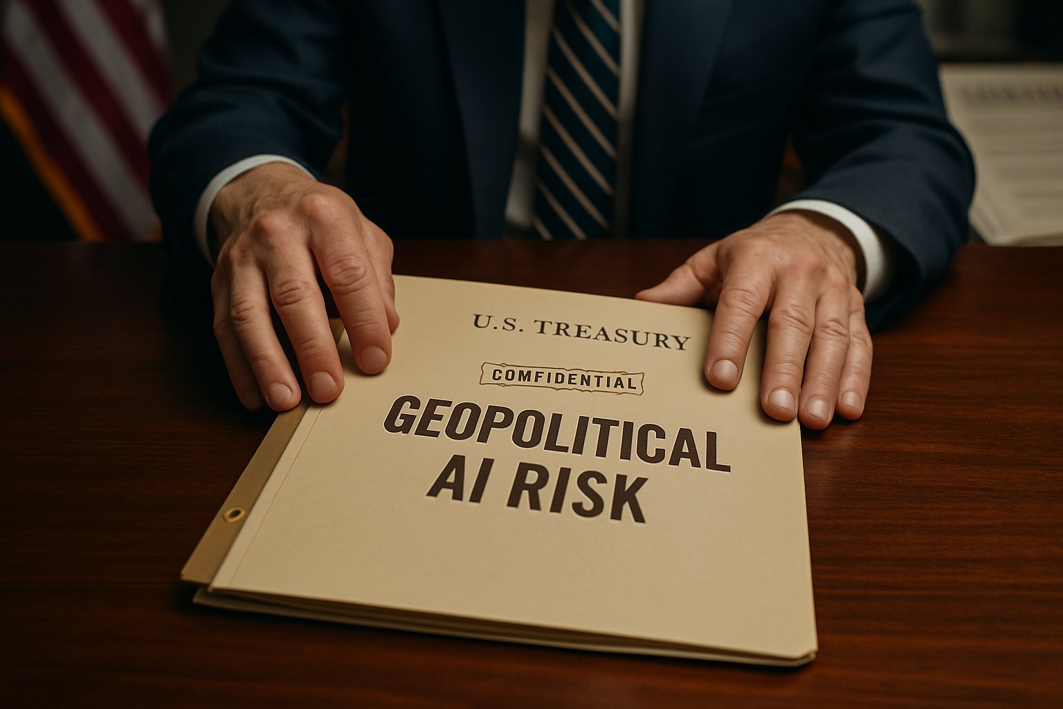Confidential U.S. Treasury document on Geopolitical AI Risk placed on a desk.