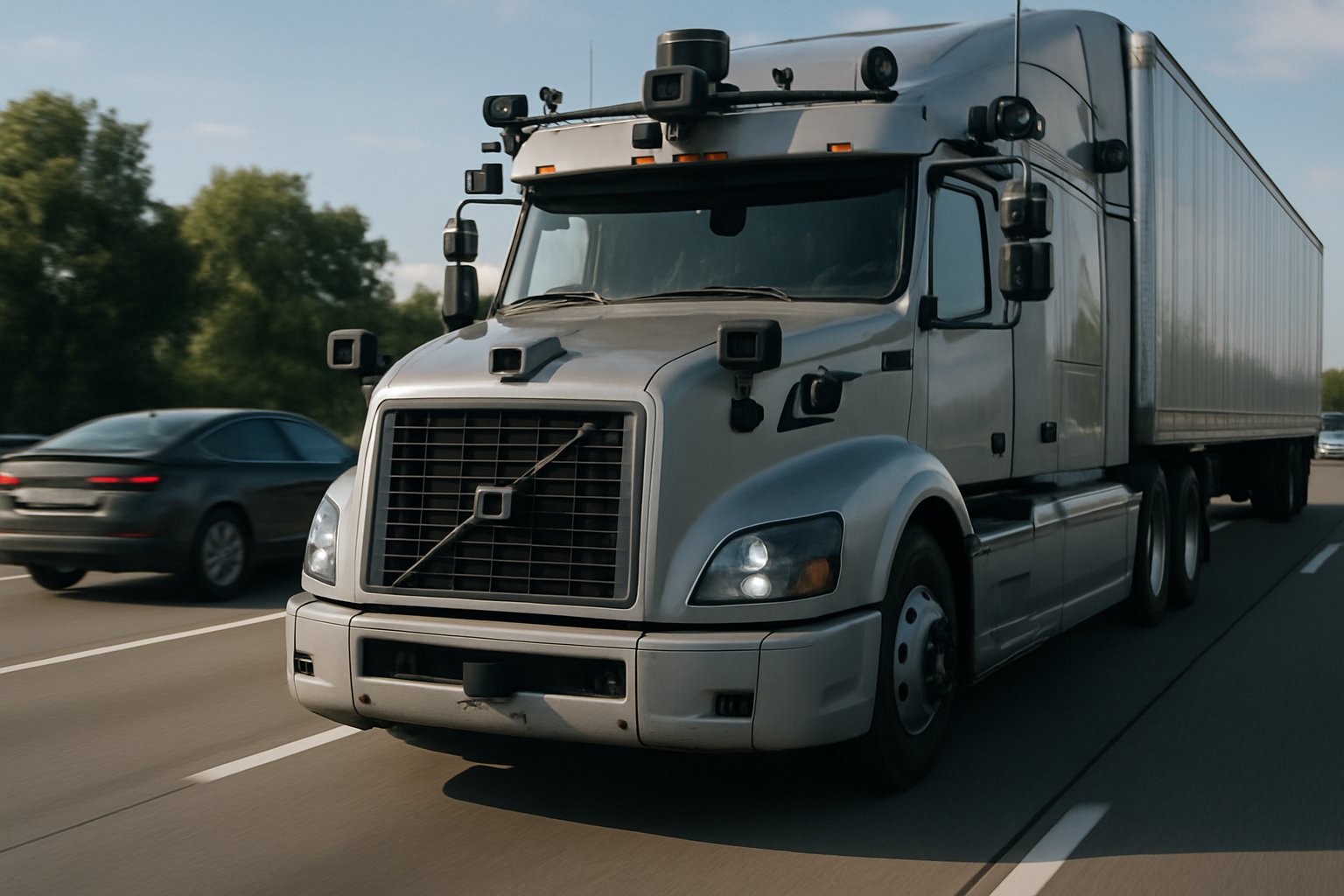 Commercial truck with Physical AI sensors among mixed-autonomy vehicles.