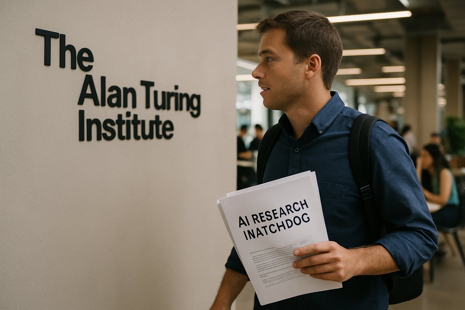 Alan Turing Institute researcher carrying AI Research Watchdog briefing documents.