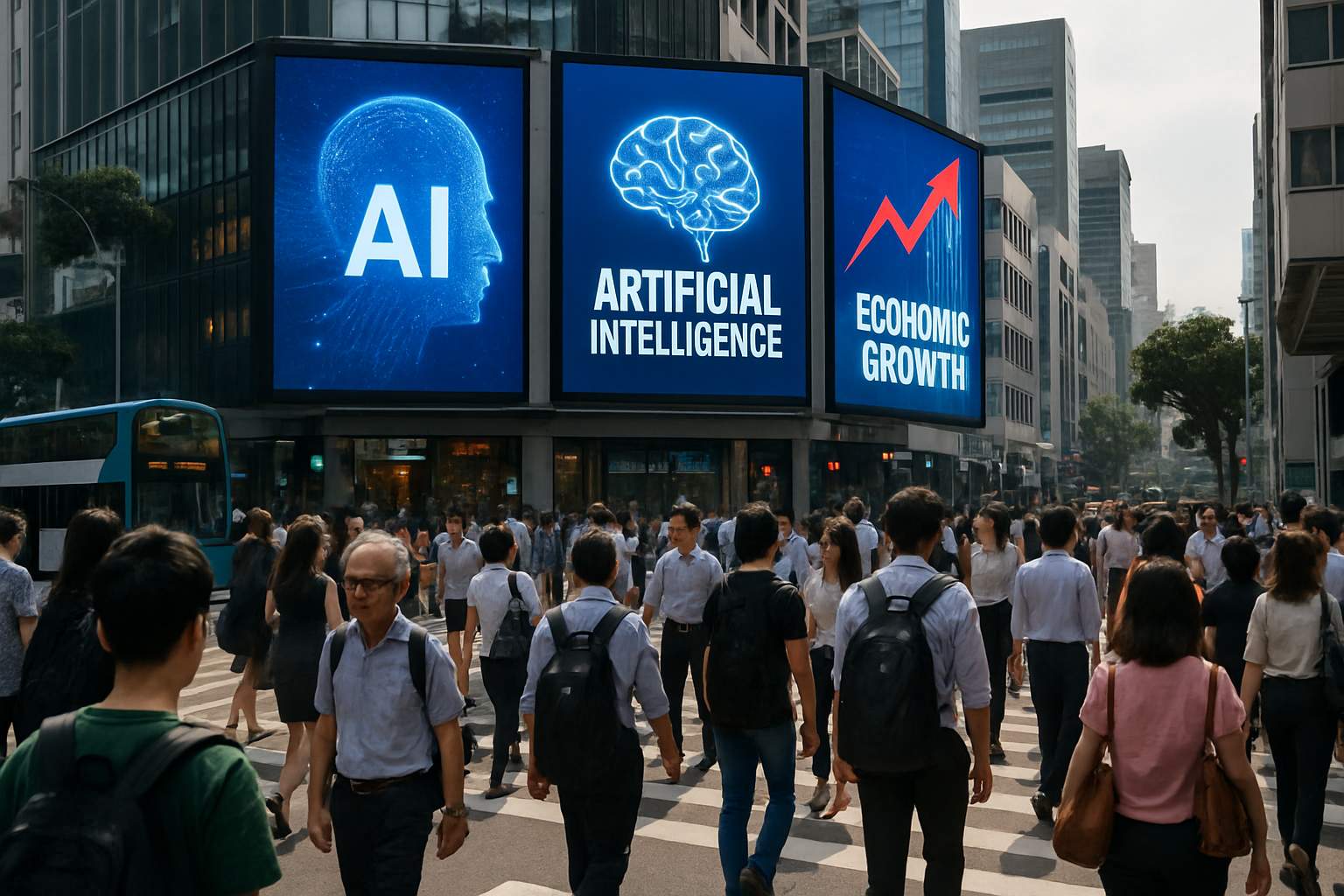 LED billboards in Asian city highlight advancements in the AI Economy.