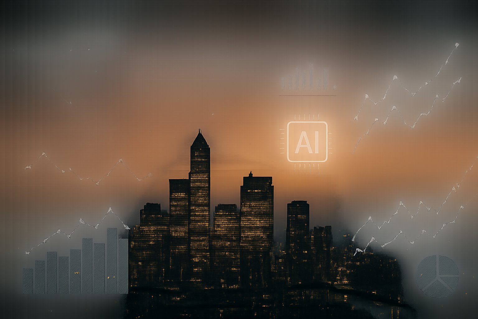 City skyline displaying macroeconomic AI financial impact with charts.
