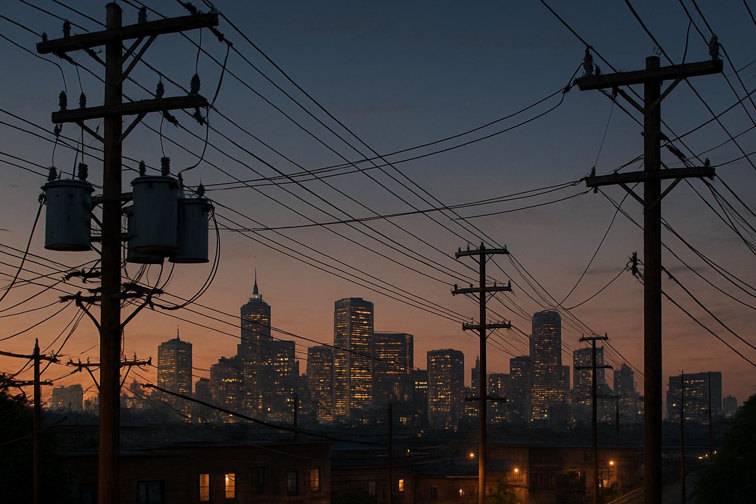 City infrastructure and power lines during Power Grid Crunch at dusk.