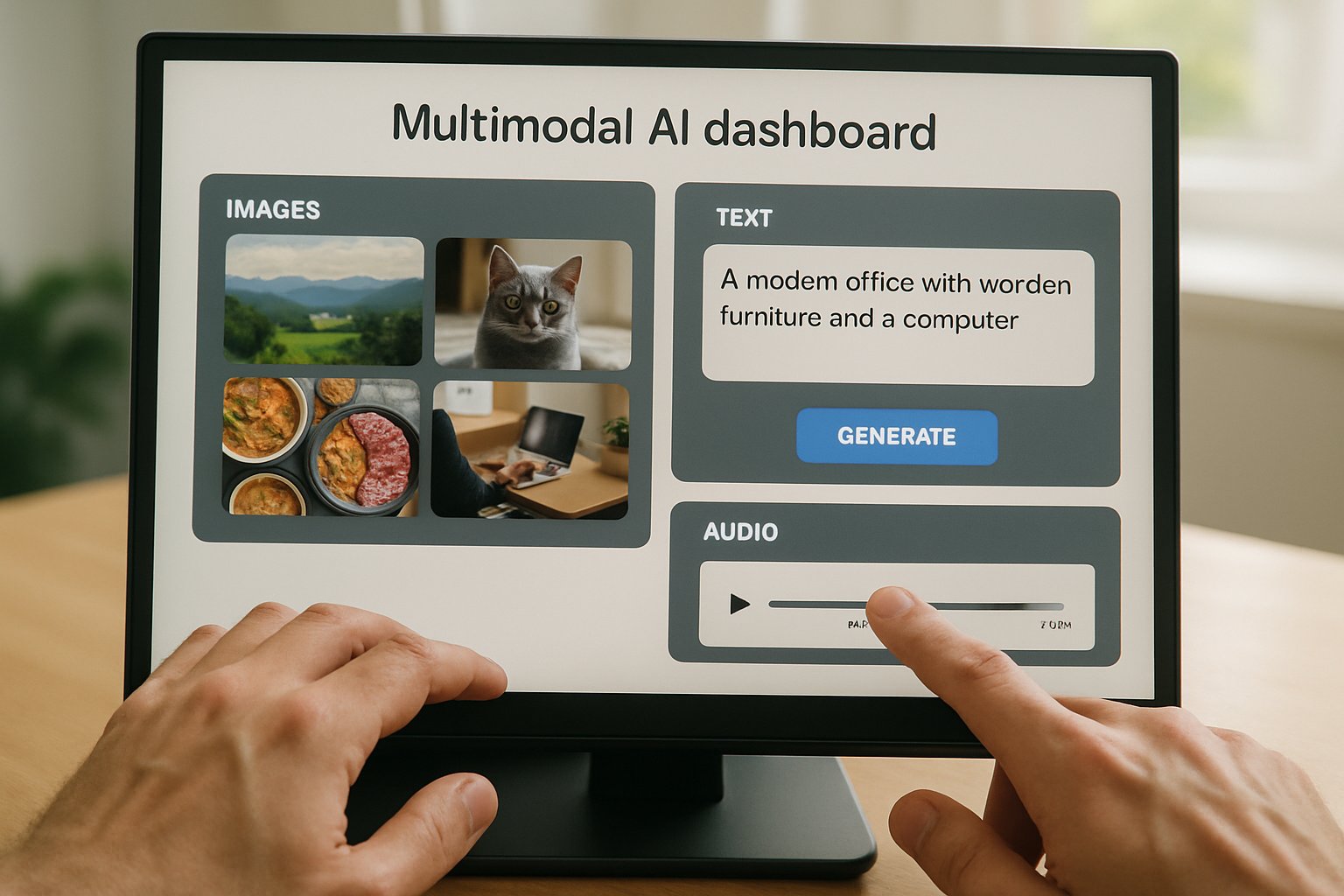 Hands interacting with Multimodal AI dashboard on a computer screen