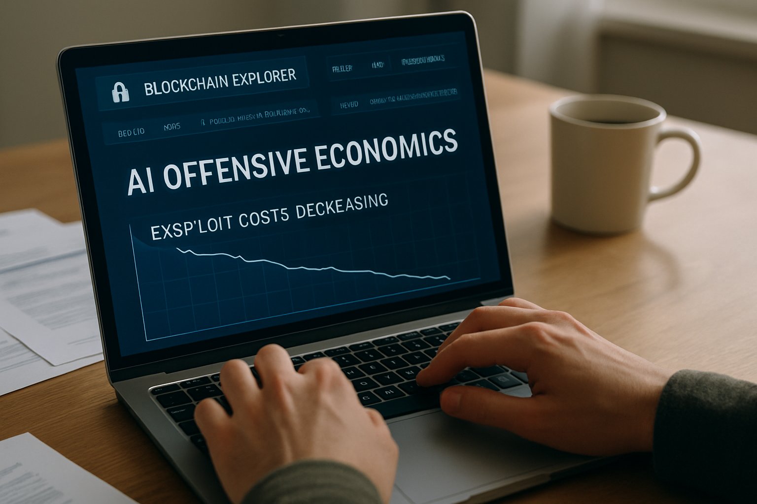 Laptop screen shows AI Offensive Economics impact with decreasing exploit costs.