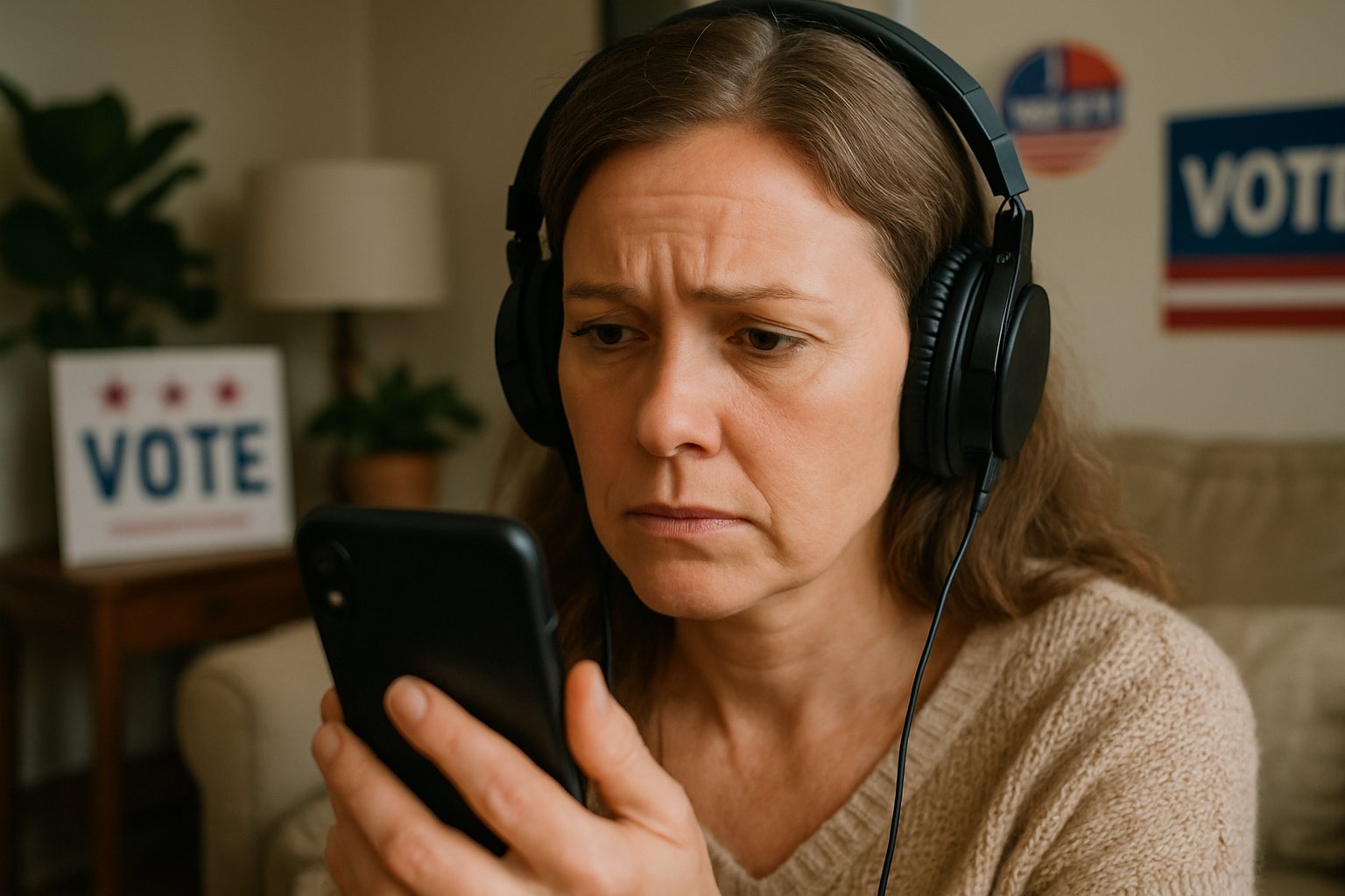 Voter analyzing possible deepfake audio with the Voting Interference Model on smartphone