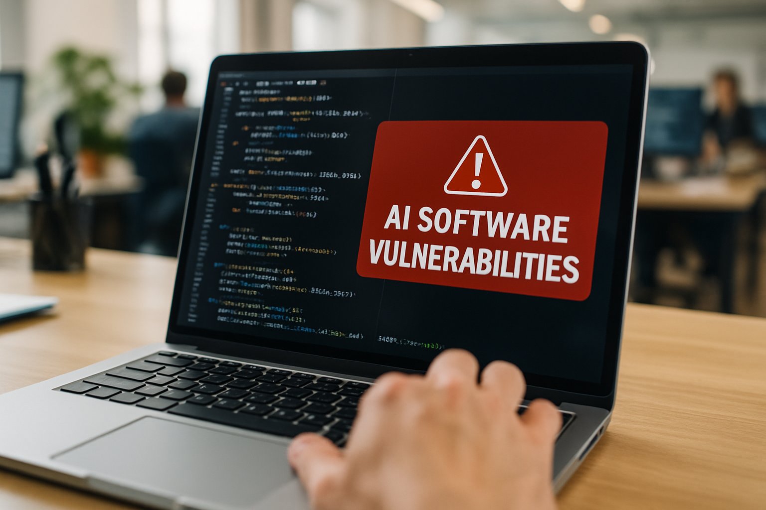 Laptop showing AI Software Vulnerabilities alert in a realistic workspace.