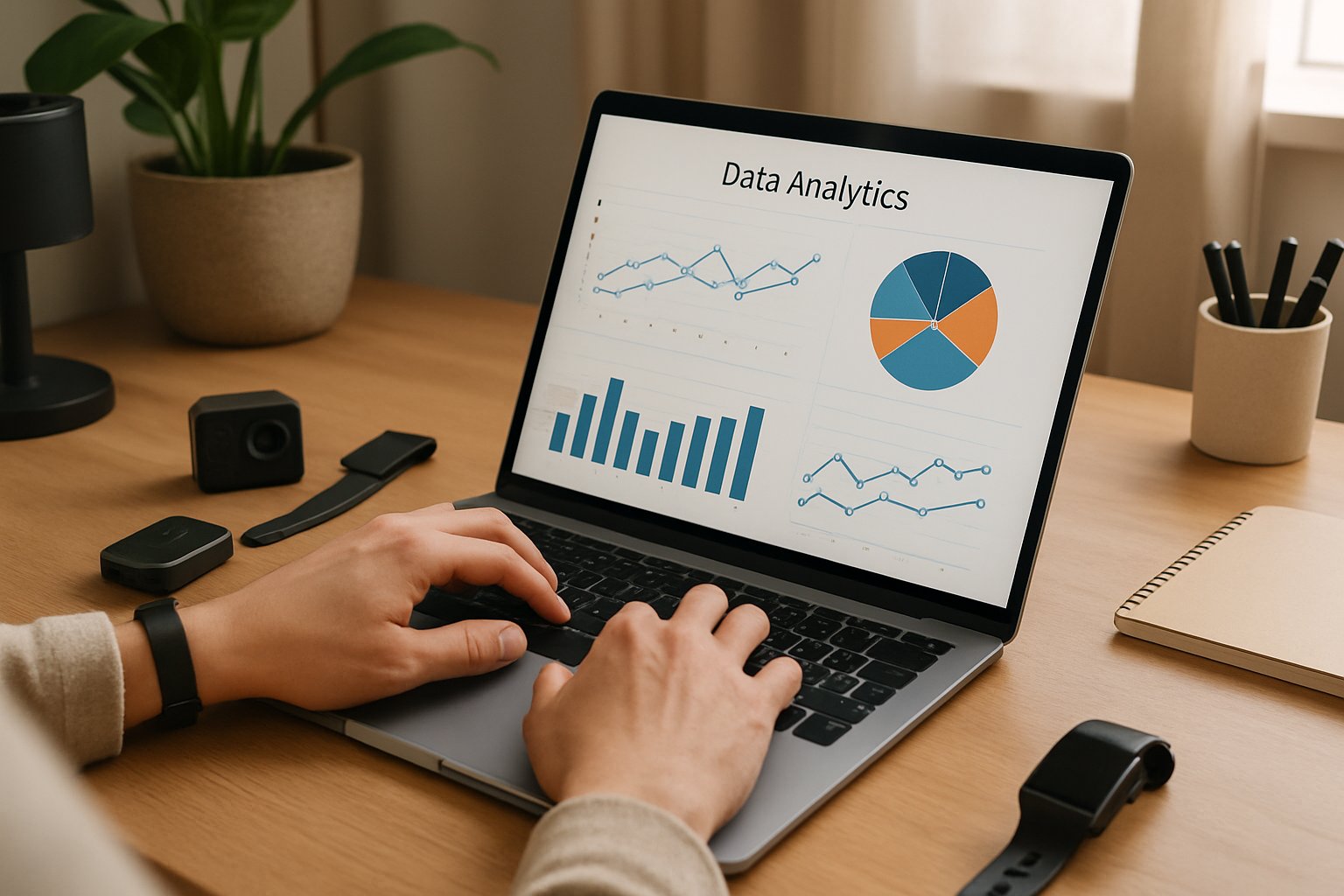 Home office with wearables supporting AI Data Collection tasks on laptop.