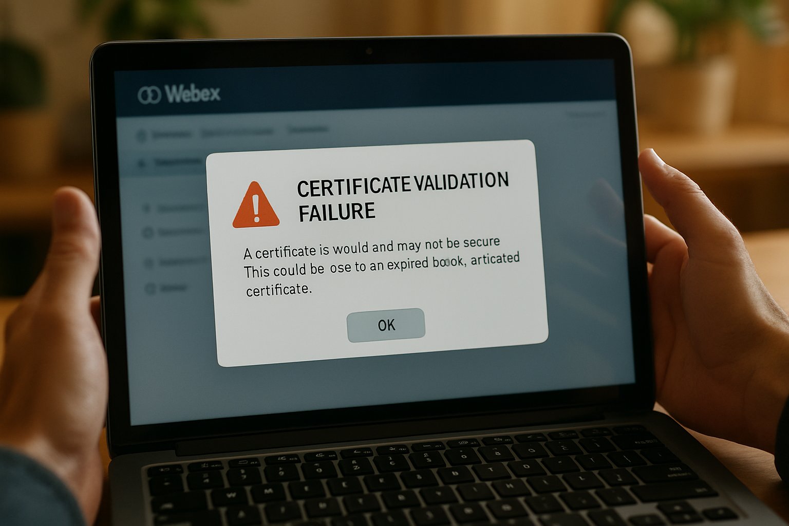 AI Software Security warning related to Cisco Webex certificate flaw on a laptop.