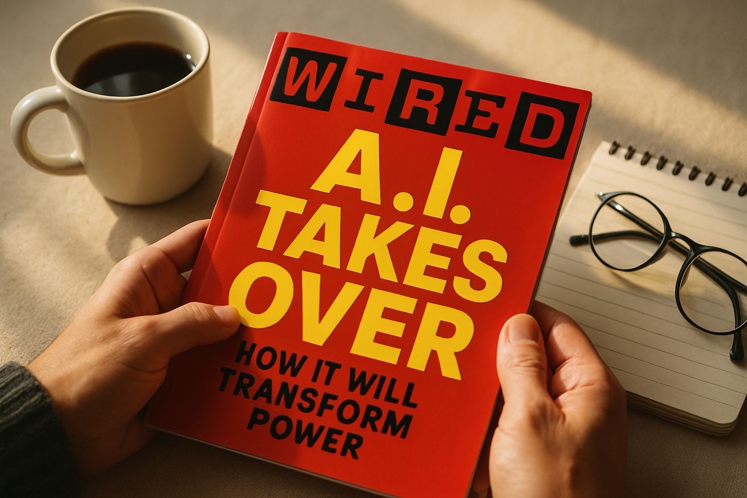 Wired magazine cover on table highlighting AI Society themes.