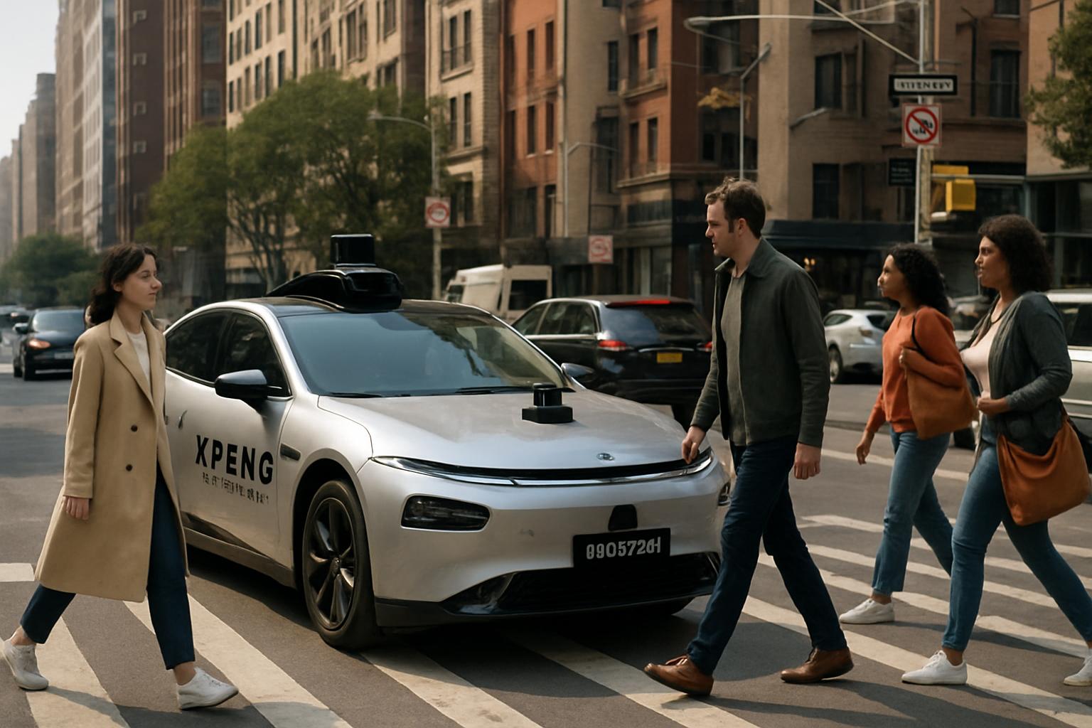 Physical AI-powered XPENG robotaxi navigating a busy city street.