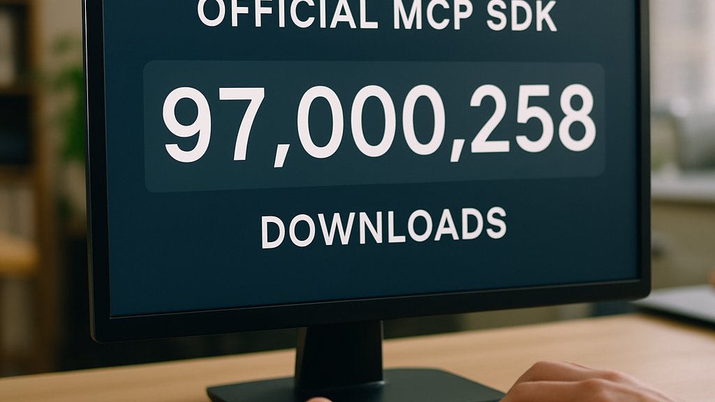 Computer screen showing MCP SDK download counter surpassing 97 million, symbolizing Protocol Adoption.