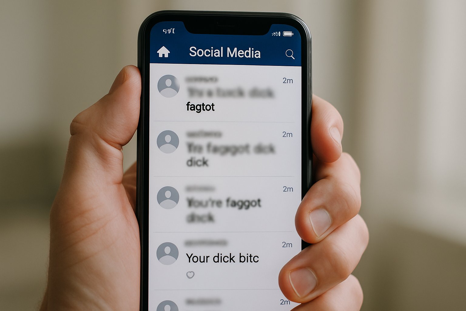 Smartphone displaying AI Online Harassment messages on social media.