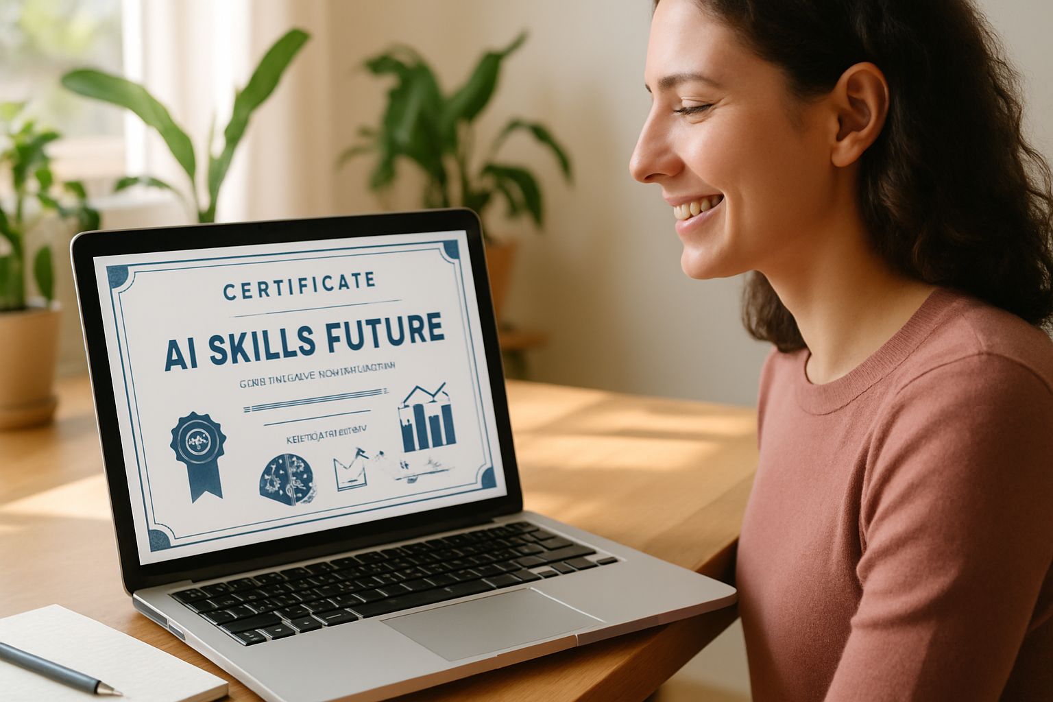 Student earns AI Skills Future certificate on her laptop.