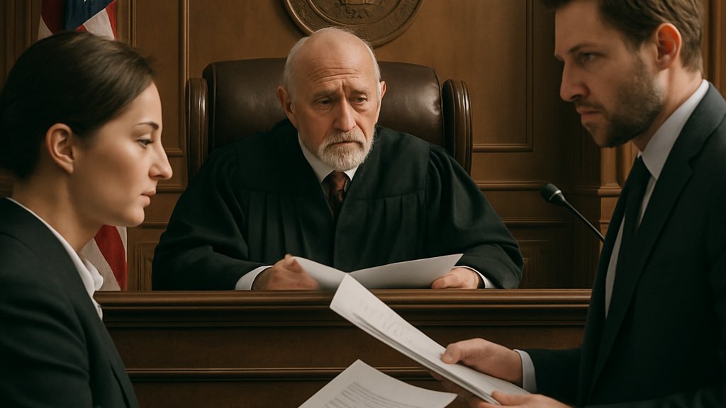 Courtroom scene addressing legal action over Ad Fraud Scale.