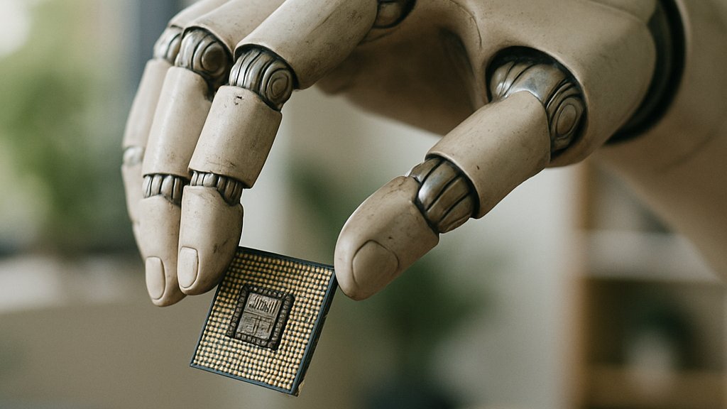 Close-up advanced humanoid robot hand grasping electronics