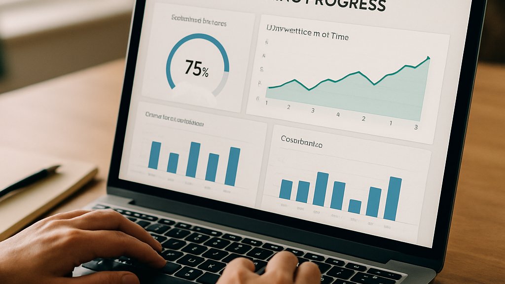 Dashboard displaying Agent Learning progress on a laptop in a realistic workspace.