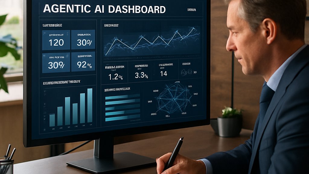 Agentic AI market growth dashboard in realistic executive setting.