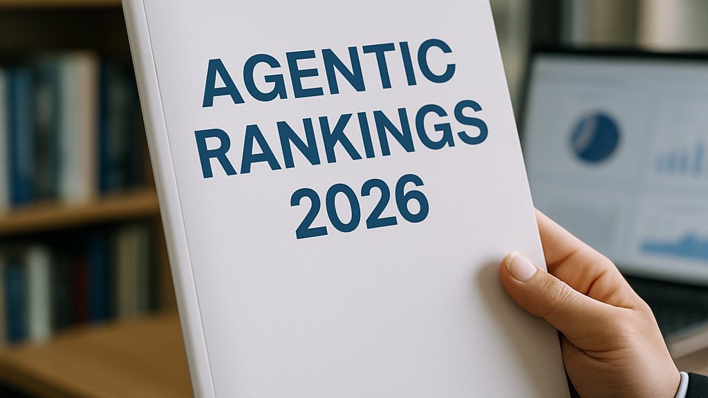 Executive holding Agentic Rankings 2026 report in an office setting.