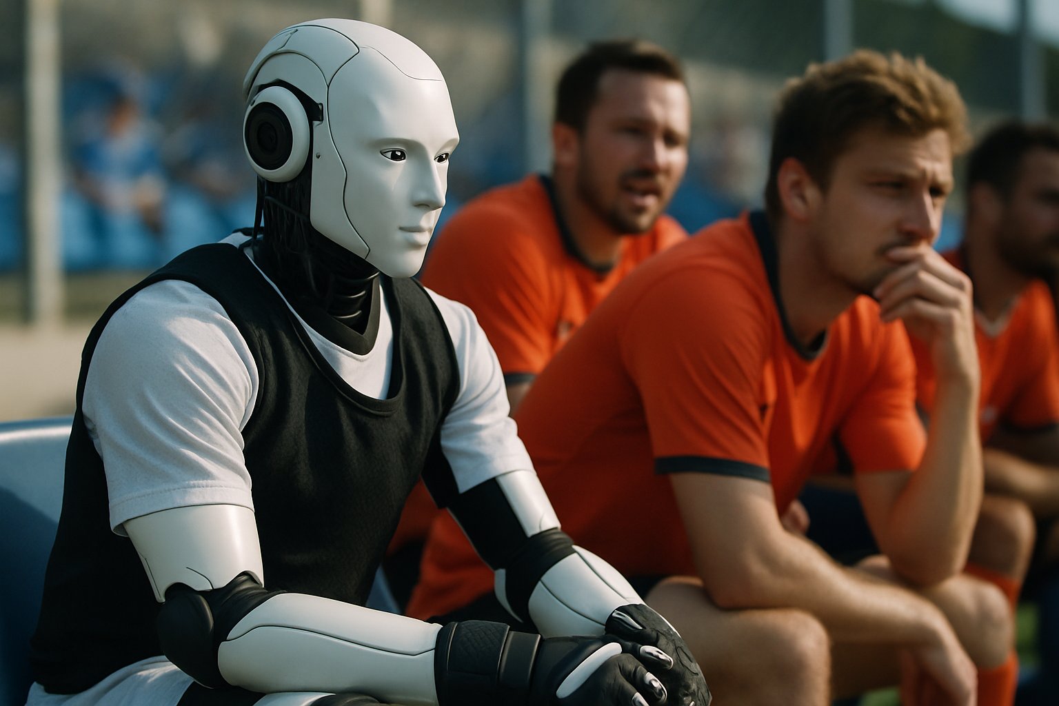 Emotionless AI Sports robot sitting beside human athletes on bench.