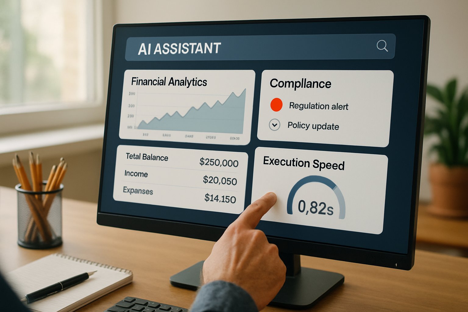 Fintech AI Solutions assistant interface showing analytics and compliance metrics.