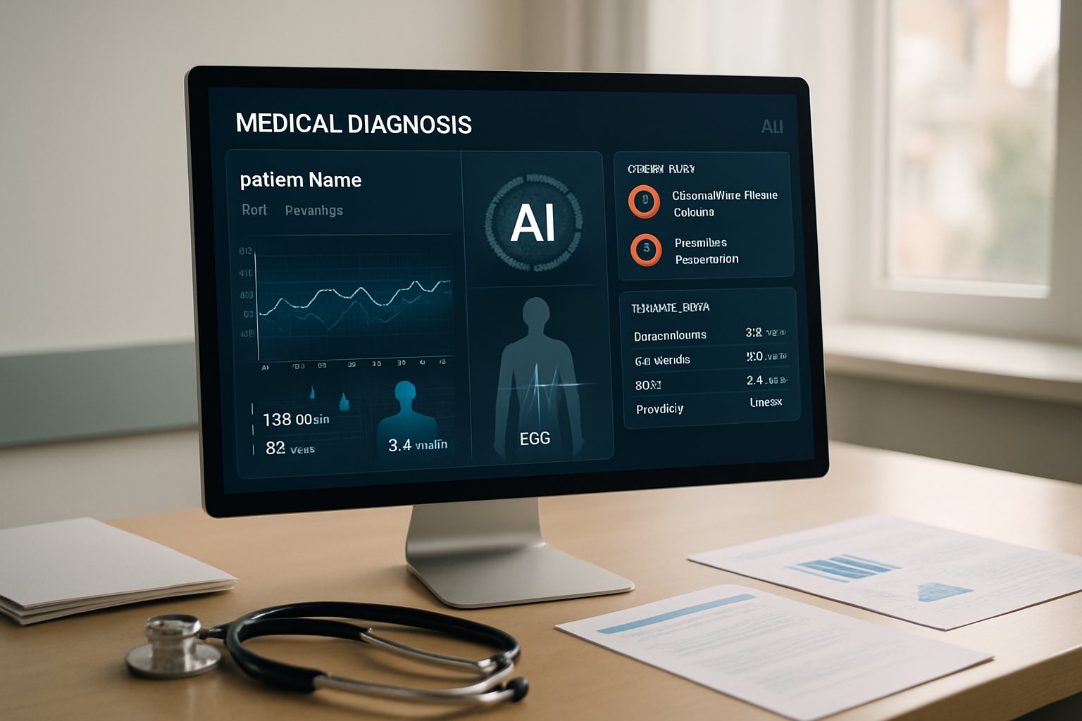 AI Medical Diagnosis platform with dashboard on doctor's desk in a clinical setting.