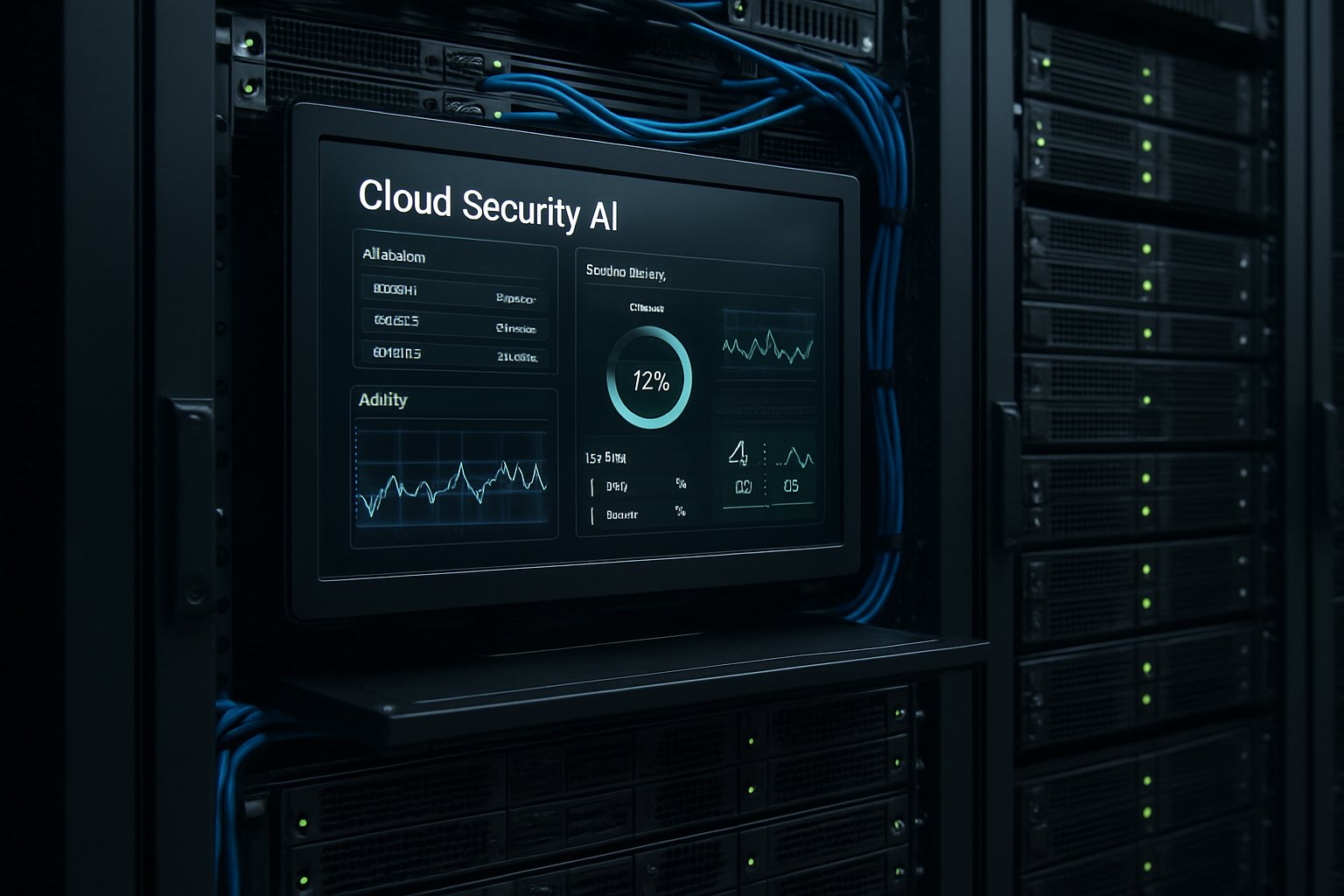 Cloud Security AI dashboard displayed on a monitor beside real servers