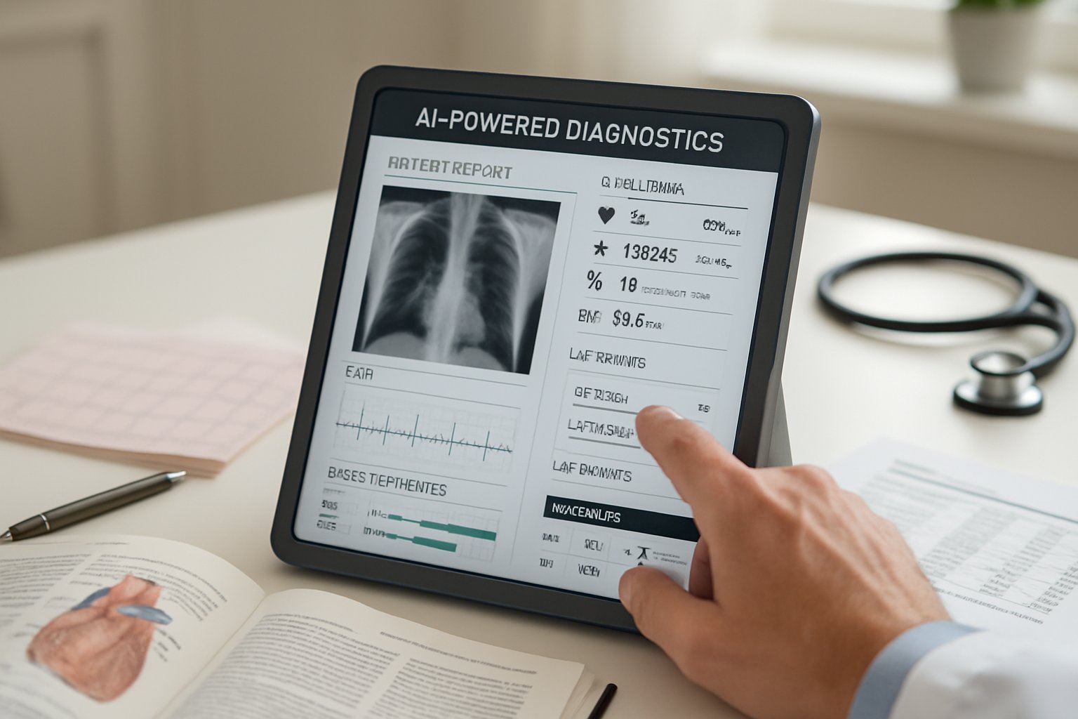 AI Medical Diagnostics device displaying patient data in a clinical office.