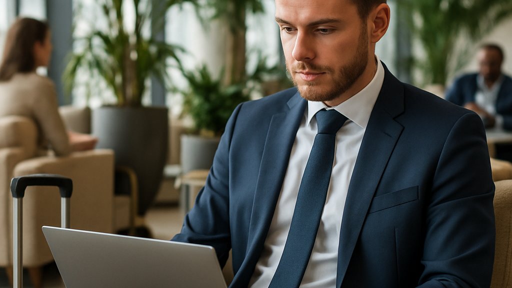 Business traveler uses AI Productivity technology for travel expense automation.