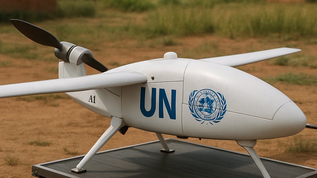 AI Peacekeeping Drones stationed with UN insignia in rural DRC environment