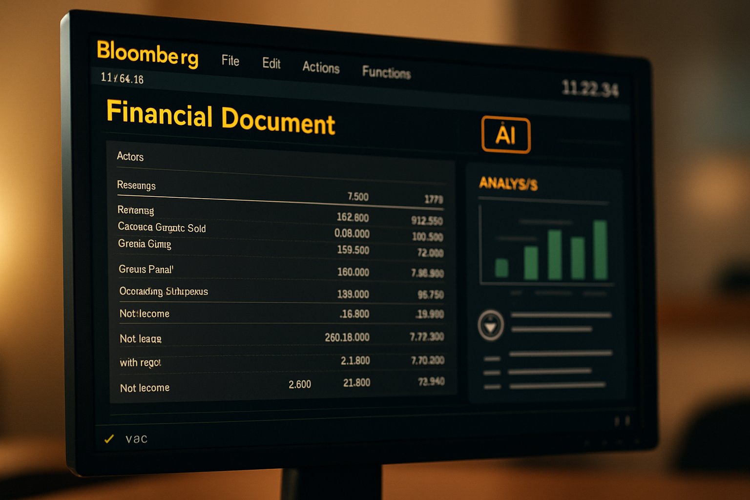 Financial Document AI analyzing data on a Bloomberg Terminal screen.