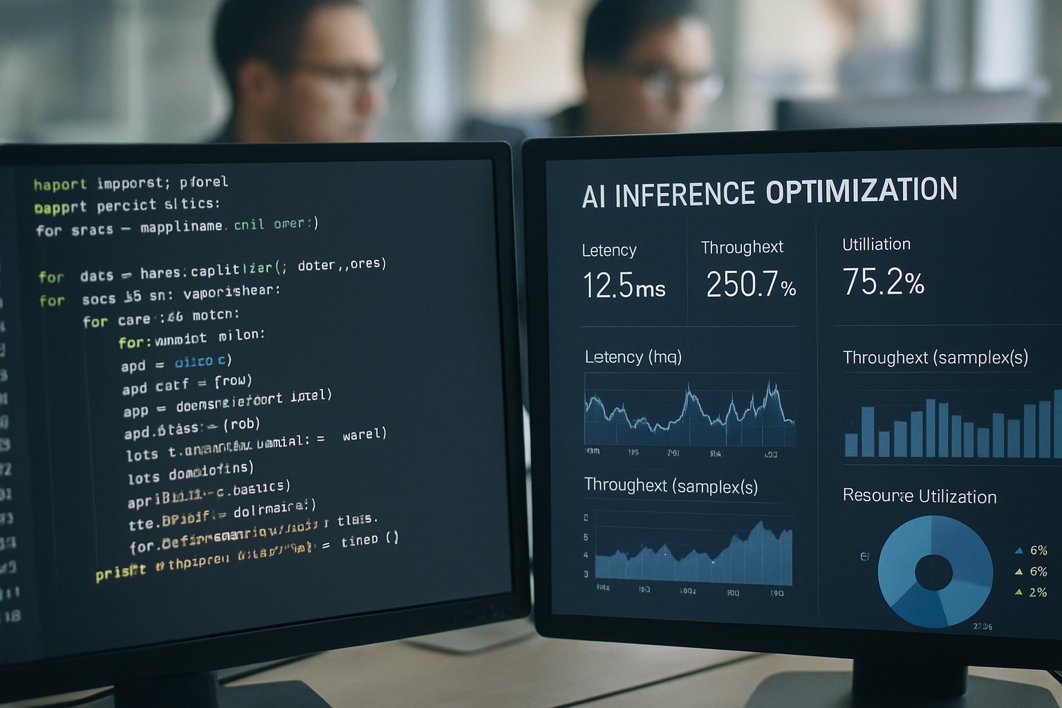 Computer screens with AI Inference Optimization code in a real tech office.