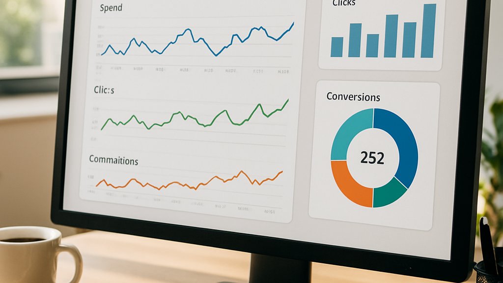 AI Ad Metrics dashboard with conversion data on office computer screen