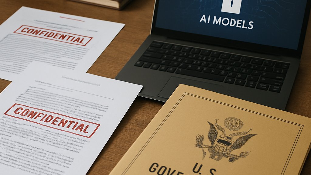 Federal Security Review paperwork and government laptop during AI model evaluation.