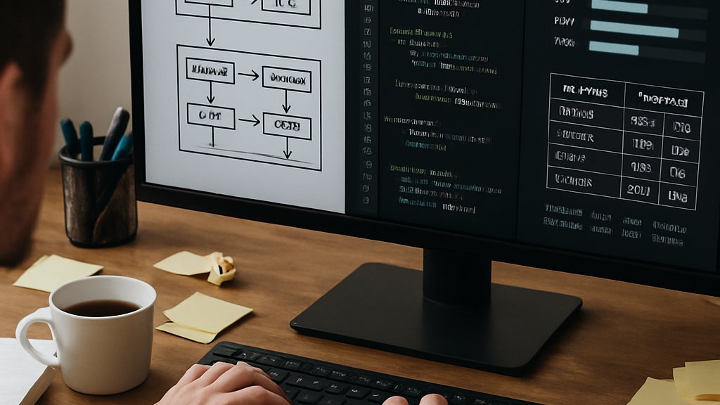 Data scientist analyzing Multimodal AI model architecture on a workstation