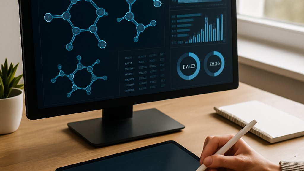 AI Drug Discovery dashboard with molecular models and analytics on computer screen.