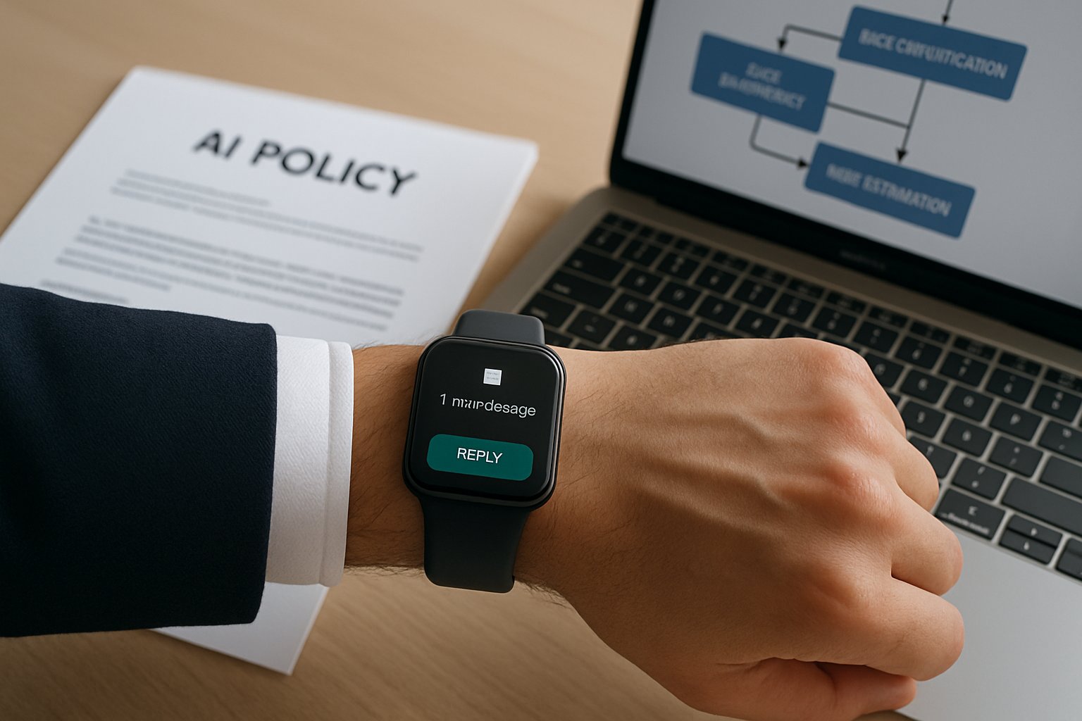Businessperson reviewing AI Wearable Risk policy with digital device.