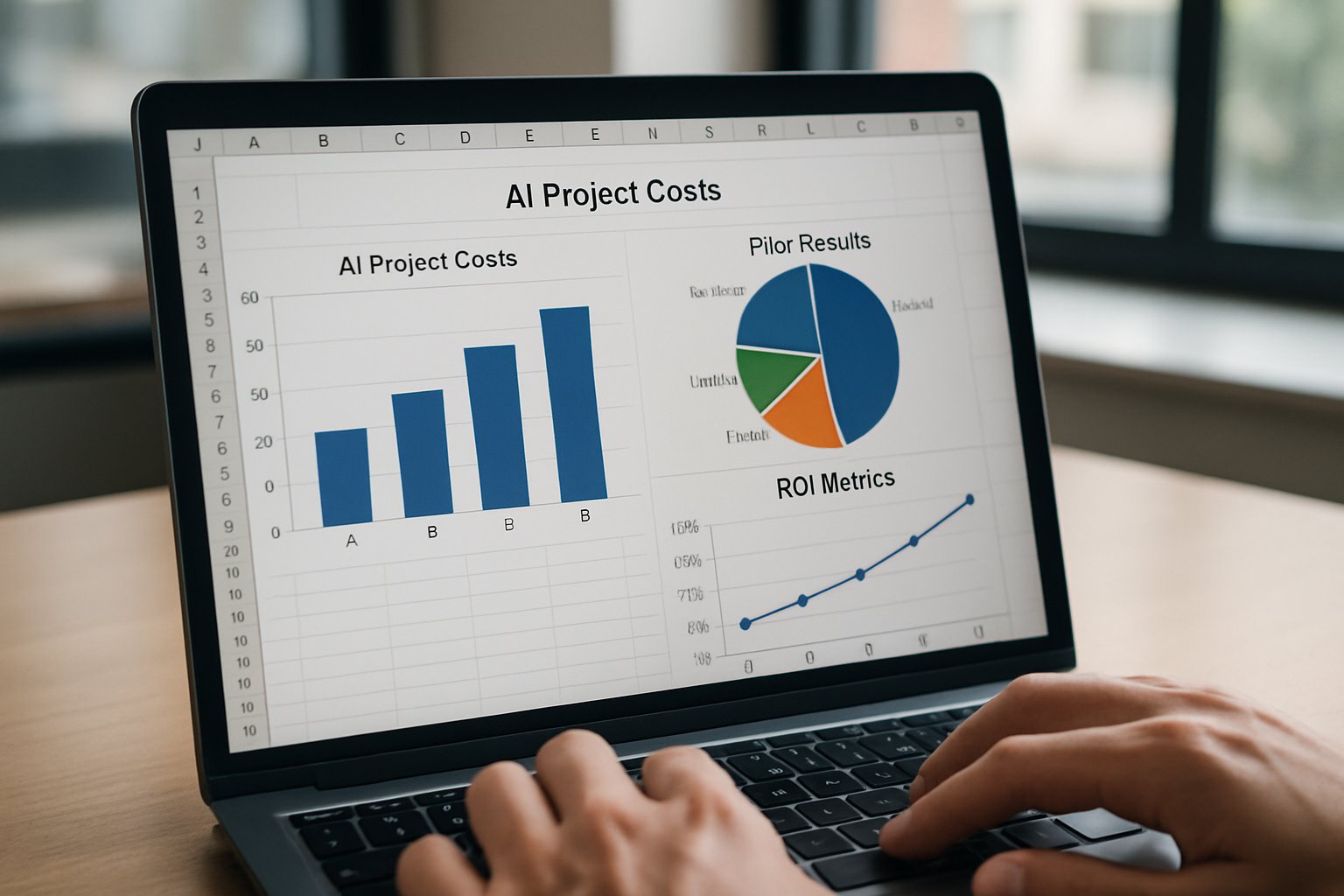 Laptop screen showing Enterprise AI ROI charts and key metrics.