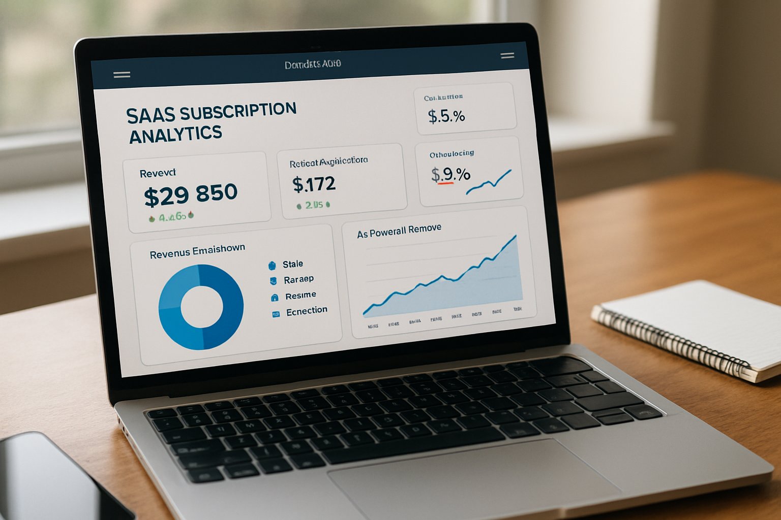 Laptop displaying AI SaaS Monetization analytics dashboard in a modern workspace.