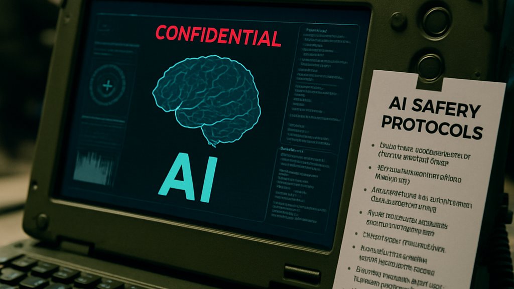 Military AI Safety protocols displayed at secure command center terminal.