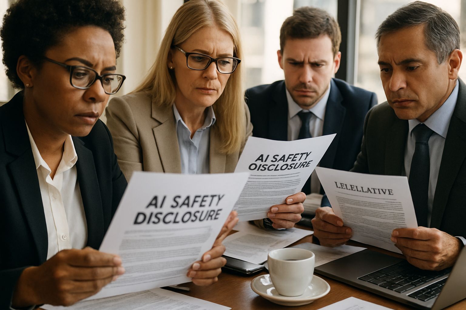 Business professionals reviewing AI Safety Disclosure documents in meeting.