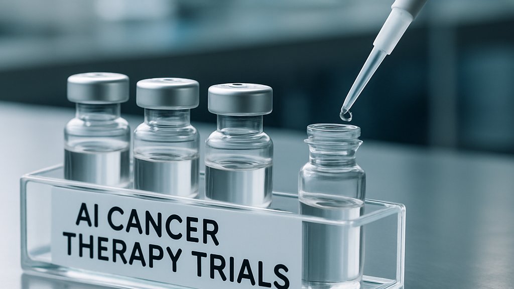 Lab equipment prepared for AI Cancer Therapy clinical trials with vials and pipette.