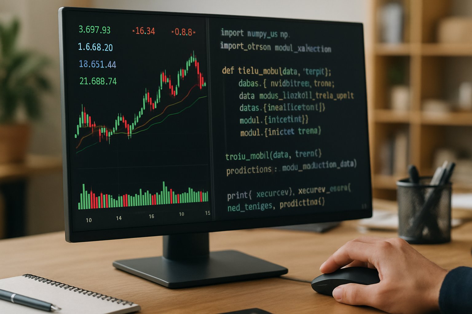Computer monitor displaying AI Trading Architecture interface for financial markets