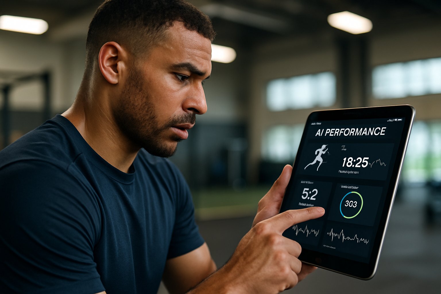 Athlete using AI in Sports technology to review performance data on digital tablet.