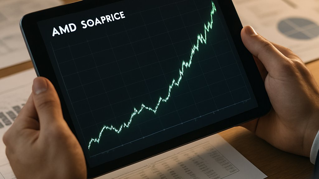 Businessperson views AMD Stock price surge on a tablet in office.