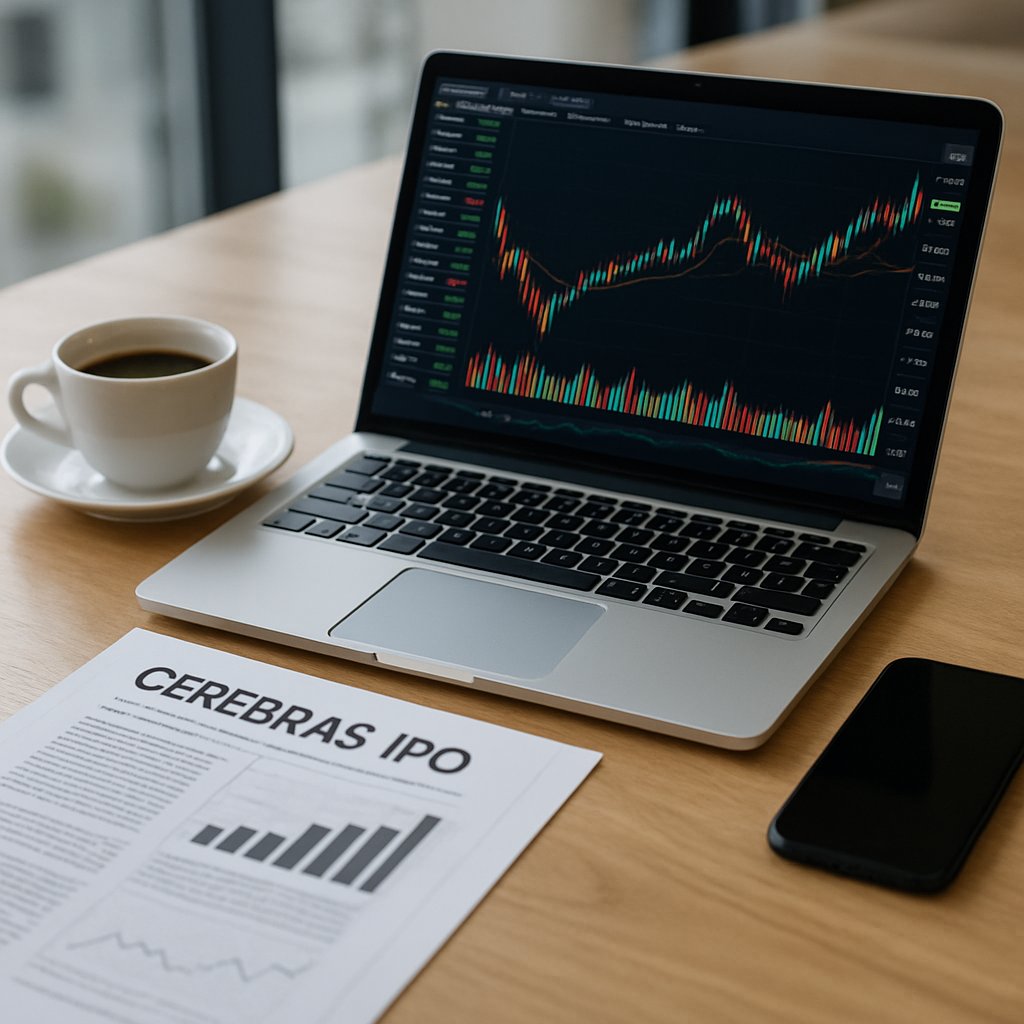 Analyst desk with Cerebras IPO report and financial charts.