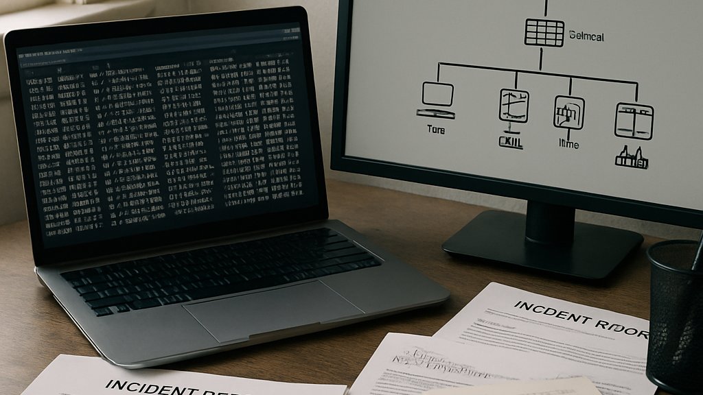 Industrial Cyberwar analyst reviewing logs and network diagrams