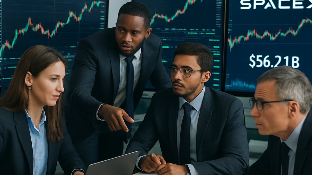 Financial analysts reviewing SpaceX IPO Valuation data on monitors.