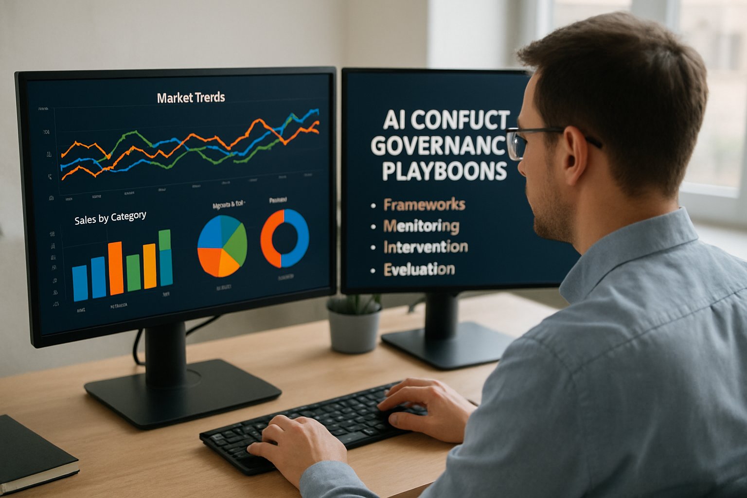 Data analyst studying AI Conflict Governance market trends and playbooks on a workstation.