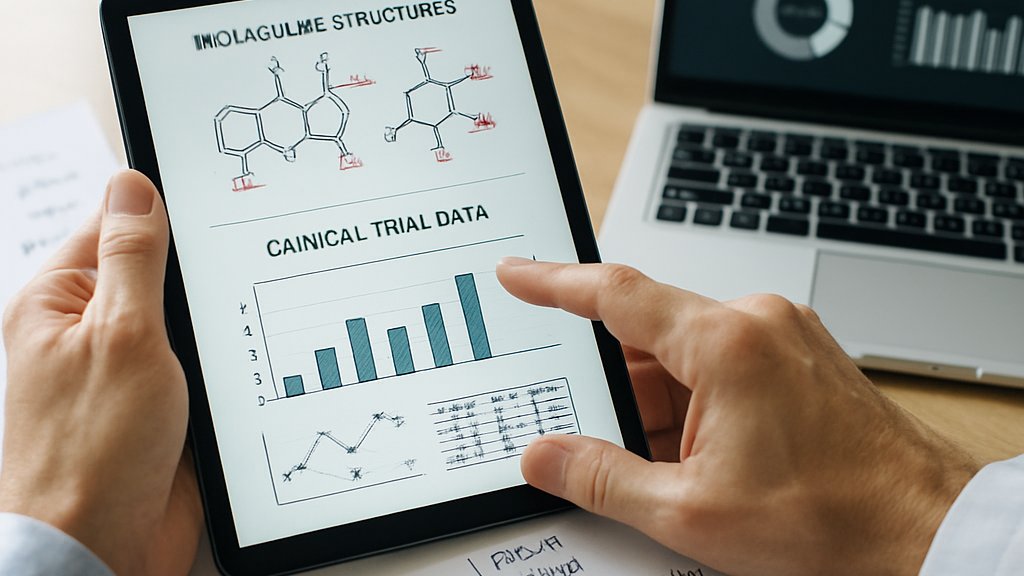 Close-up of Clinical AI Research workflow with trial data and molecular diagrams.
