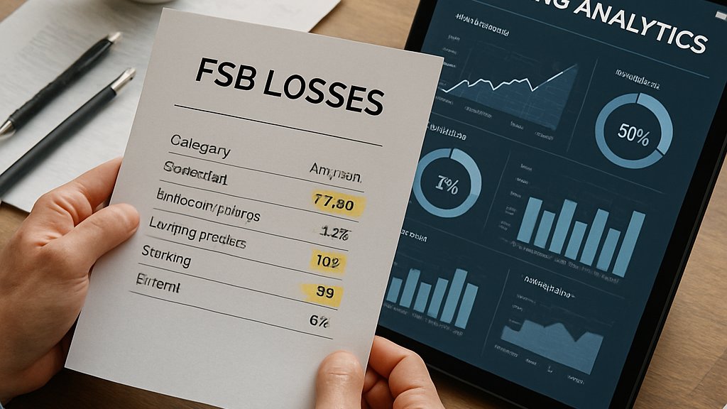 Printed FSB Losses report and AI lending analytics on a modern desk.